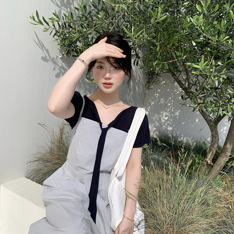 一三良品小个子 韩风设计感浅灰蓝绑带露背背带裙吊带裙长裙女夏