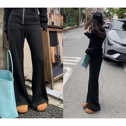 加厚百搭显瘦松紧腰微喇卫裤女冬