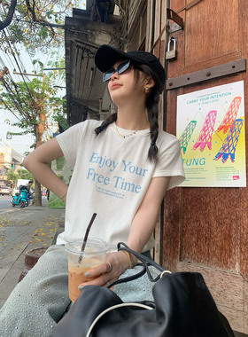 一三良品小个子 宽松百搭休闲灰色短袖字母印花T恤女下新款短上衣