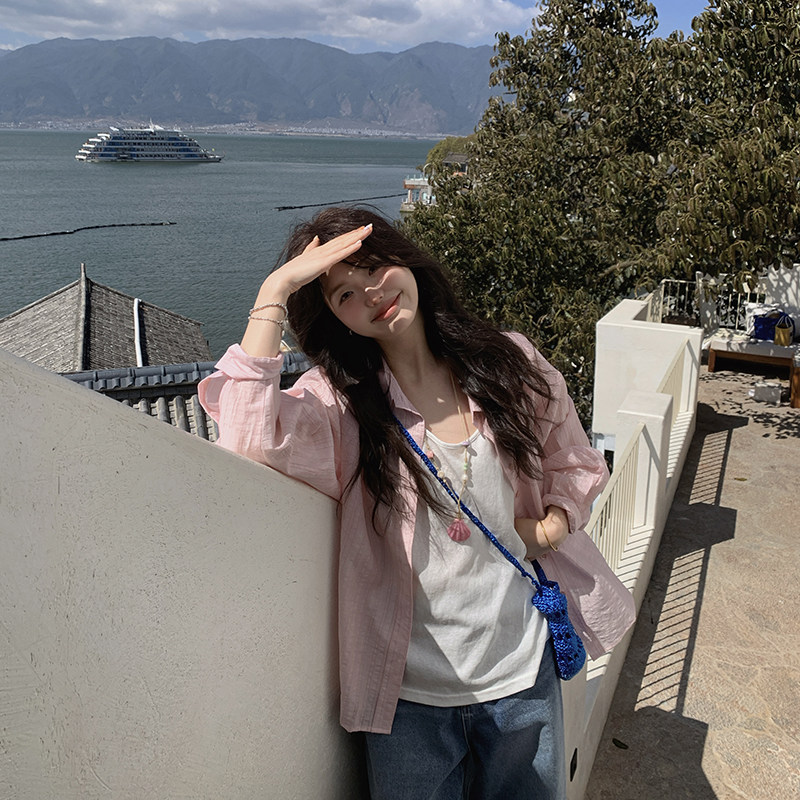 一三良品小个子春夏轻薄粉色白色宽松天丝防晒衬衫女长袖衬衣上衣