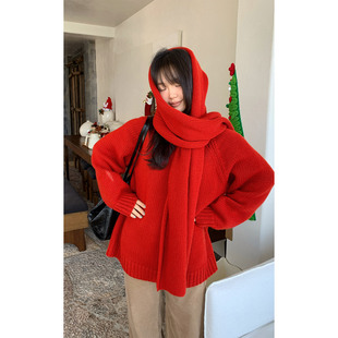 一三良品小个子 过年红慵懒风羊毛针织衫女围巾披肩圆领宽松毛衣