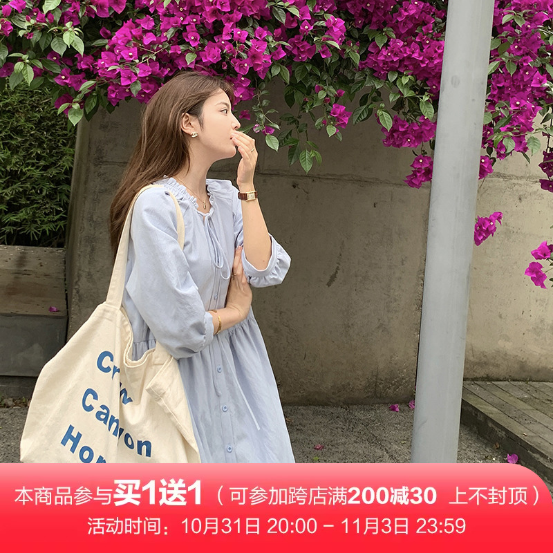 一三良品小个子 韩版优雅宽松慵懒纯色棉麻七分袖连衣裙a摆女长裙