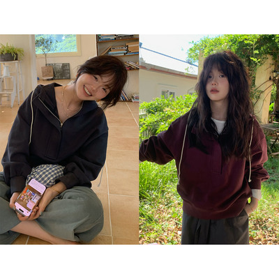 纯色复古日常宽松休闲连帽卫衣女