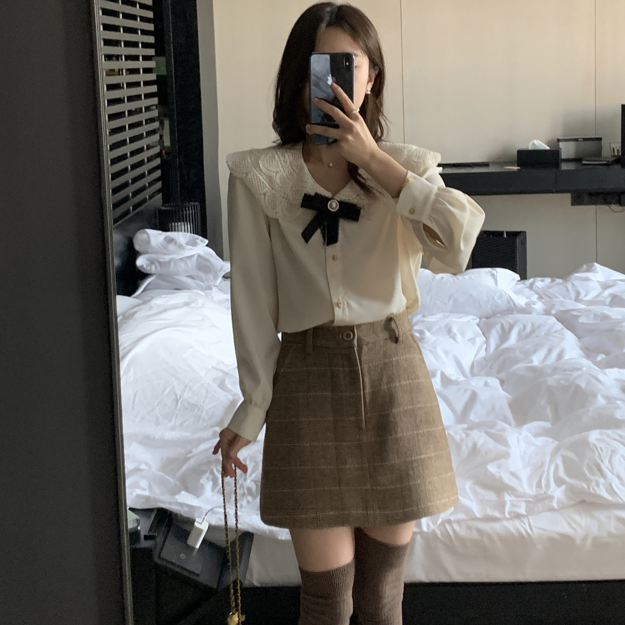 13良品小个子 学院风复古加厚毛呢格子短裙半身裙a字裙打底裙女冬