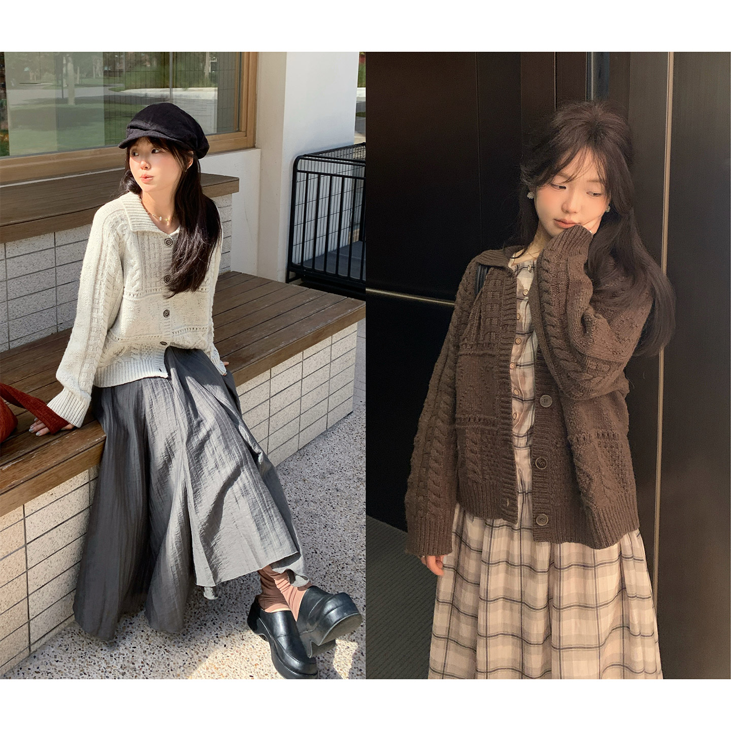 复古翻领长袖麻花毛衣开衫外套女