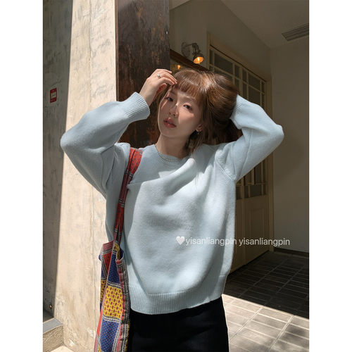 1oo羊毛圆领毛衣女短针织衫上衣