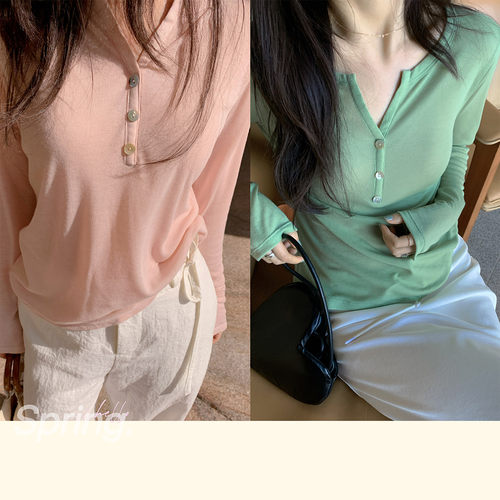 一三良品小个子 天丝v领微透舒适长袖T恤打底衫外穿修身显瘦上衣