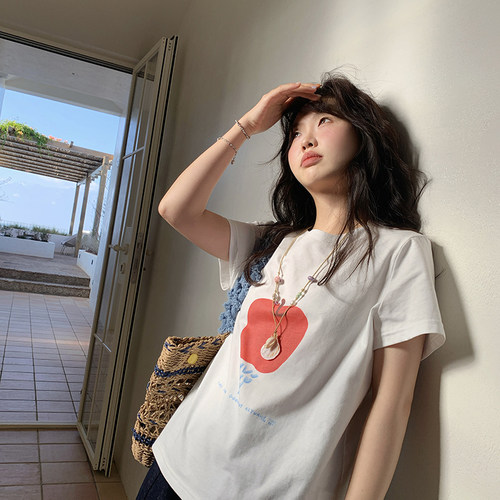 印花白色宽松圆领纯棉短袖T恤女