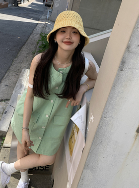 一三良品小个子 简约气质无袖棉麻白色连衣裙女夏裙子短裙背心裙