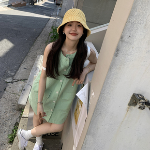 一三良品小个子 简约气质无袖棉麻白色连衣裙女夏裙子短裙背心裙