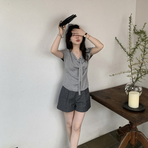 通勤显瘦百搭飘带短袖针织衫女