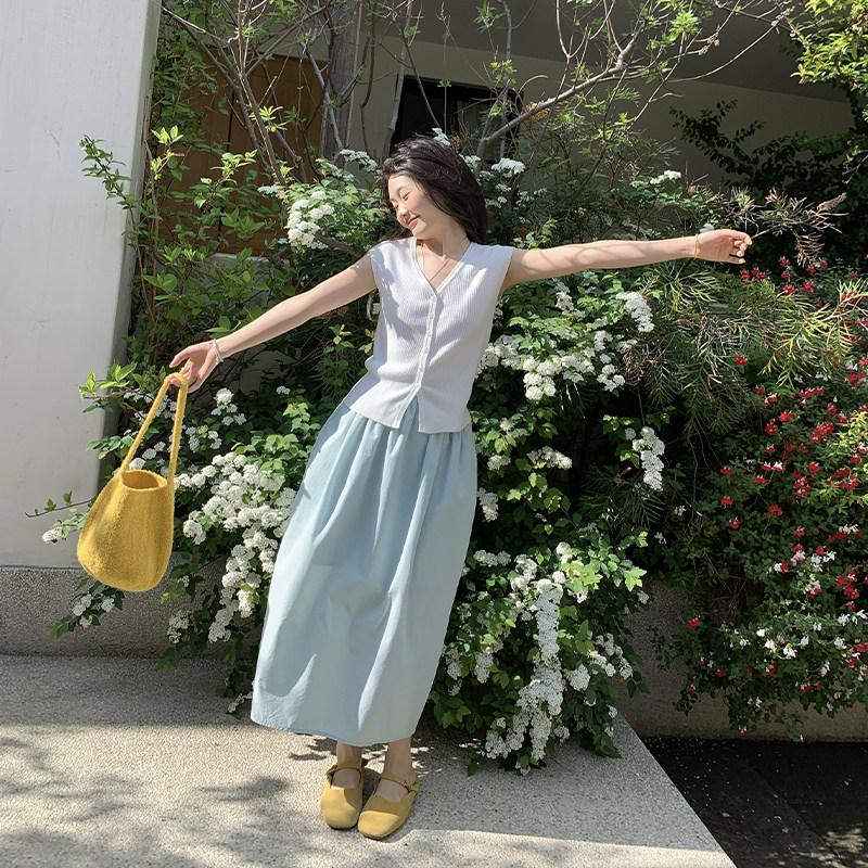 一三良品小个子 韩版棉质奶油蓝温柔宽松花苞裙半身裙长裙女夏季