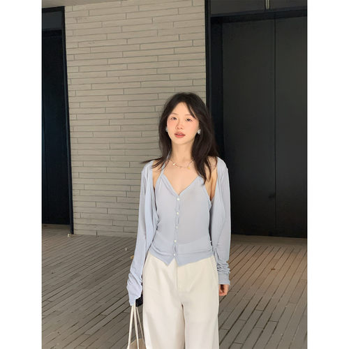 收腰挂脖吊带长袖开衫两件套女
