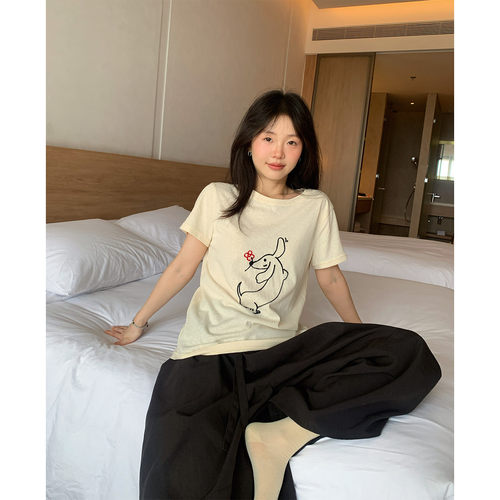 复古美式宽松正肩短袖T恤女上衣