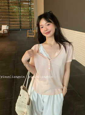 一三良品小个子 气质通勤百搭显瘦半开领亨利针织衫短袖T恤上衣女