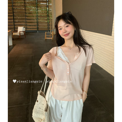 半开领亨利针织衫短袖T恤上衣女