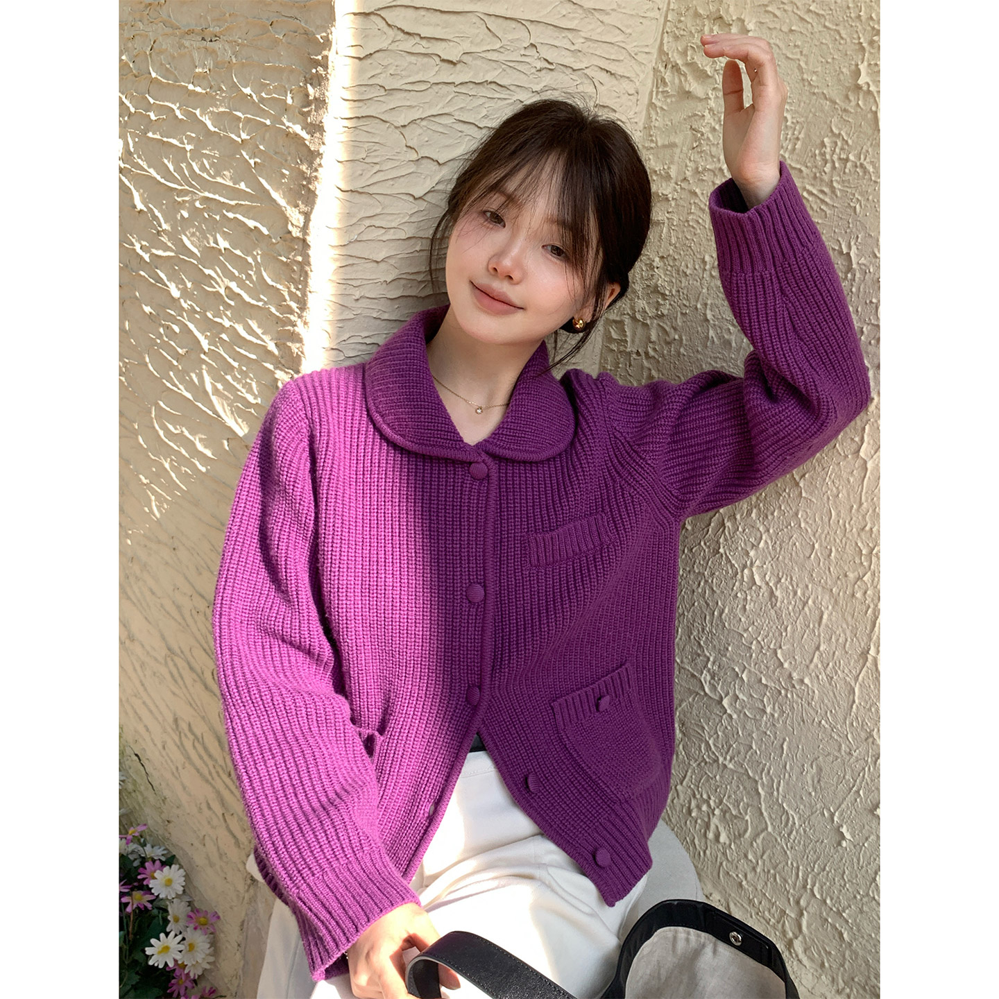 彩色复古羊毛翻领毛衣针织开衫女