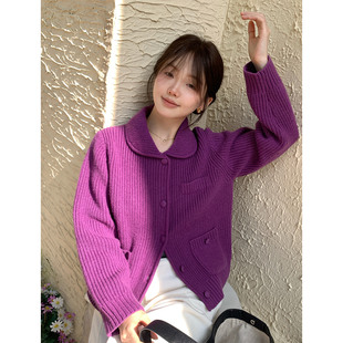 一三良品小个子 韩女彩色复古羊毛翻领毛衣针织开衫女外穿冬短款