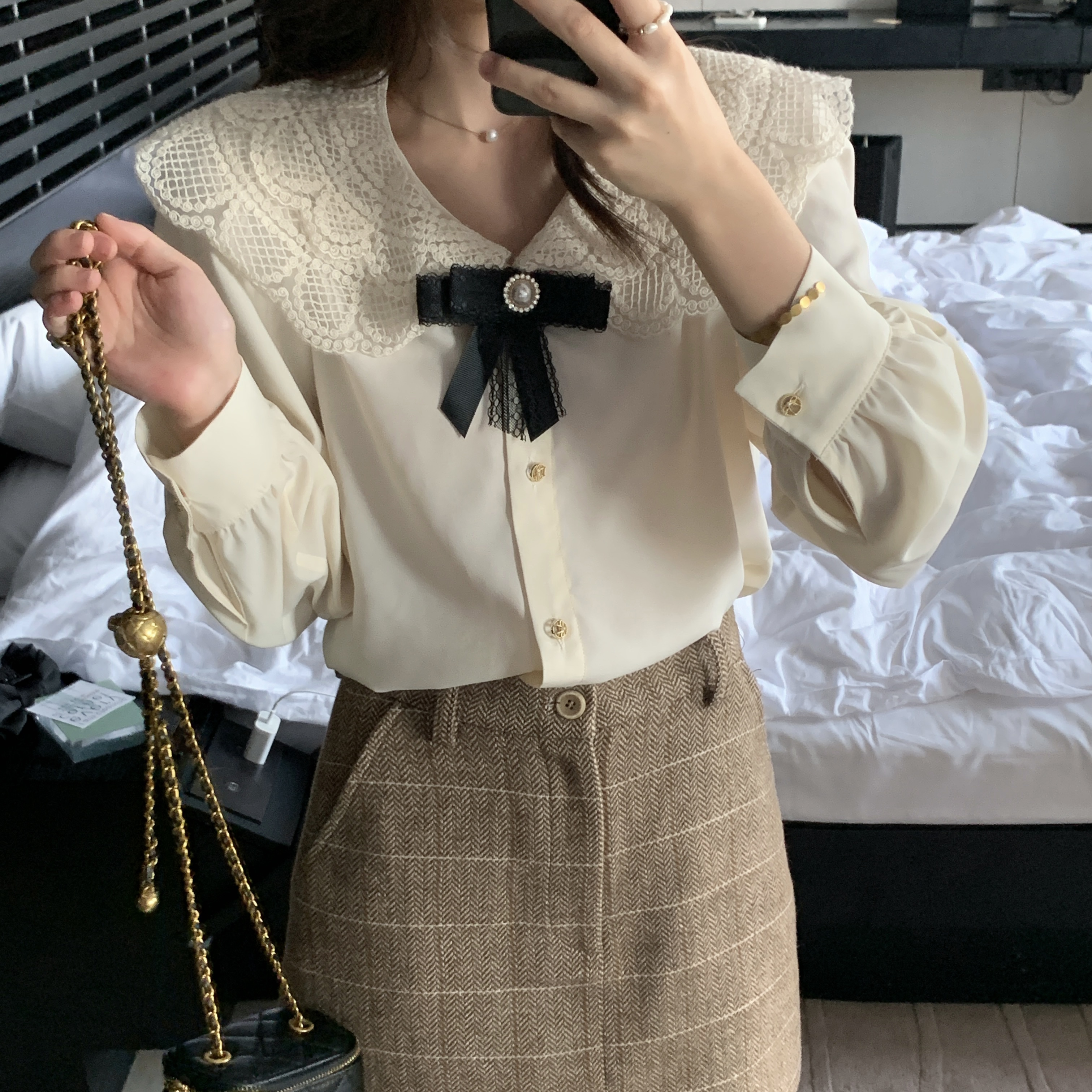 法式蕾丝娃娃领白色衬衫女高级感缎面蝴蝶结上衣衬衣13良品小个子