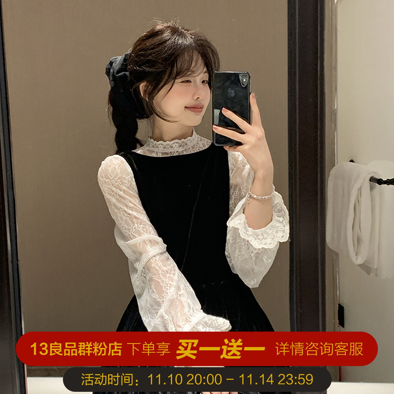 赫本风优雅黑色收腰丝绒背心裙