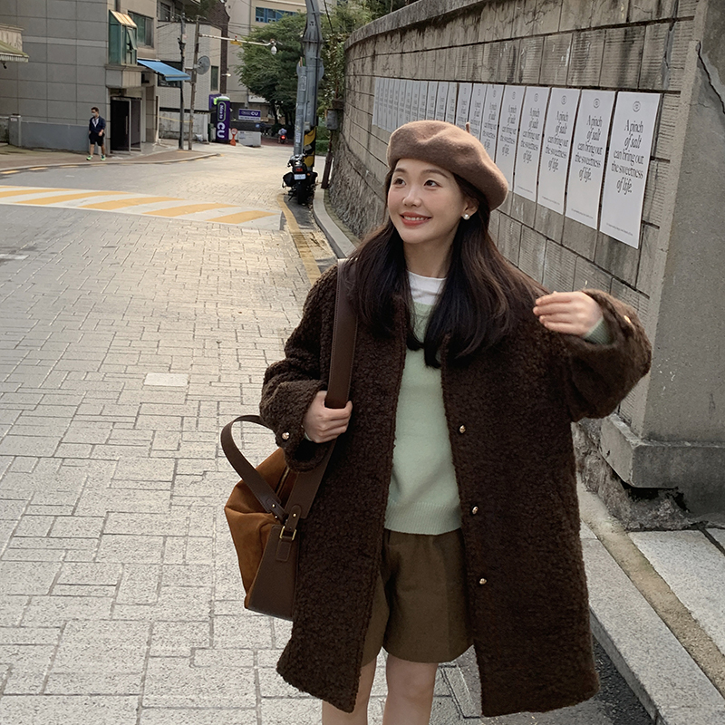 一三良品小个子 复古法式~气质圈圈毛羊毛呢大衣外套女中长款秋冬