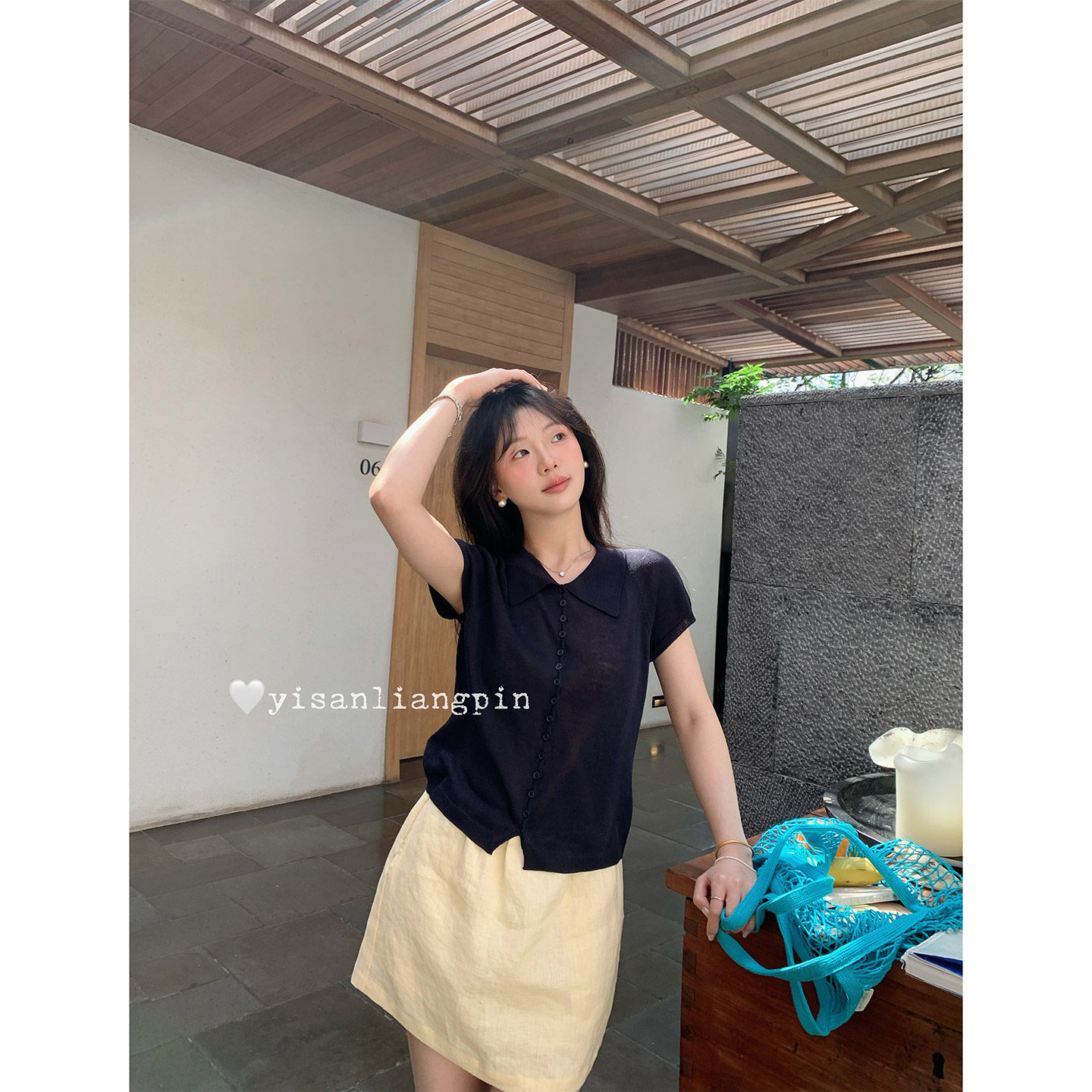 一三良品小个子 气质通勤polo翻领短袖亚麻针织开衫女夏简约T恤