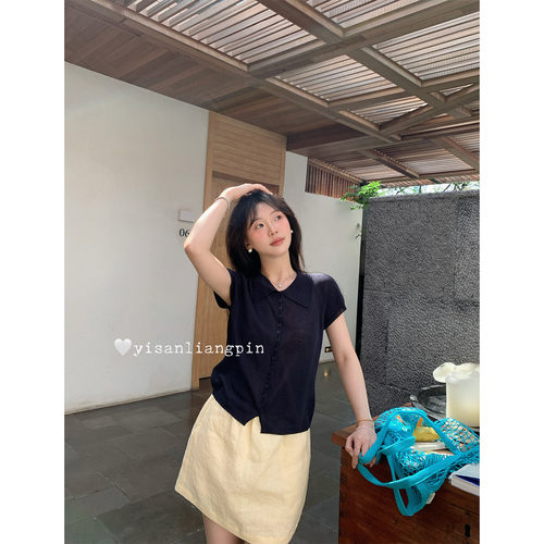 polo翻领短袖亚麻针织开衫女T恤