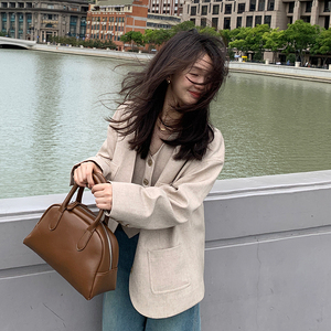 一三良品小个子 时髦气质宽松无领西装外套叠穿马甲两件套西服女
