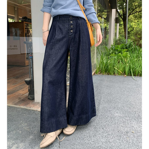 深蓝色牛仔裤阔腿休闲裤子女秋