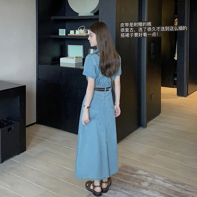 13良品小个子 巨软巨薄！复古港风polo翻领收腰牛仔连衣裙长裙150