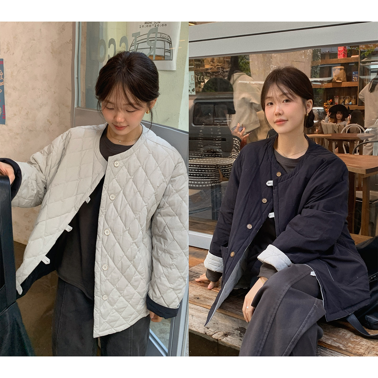 拼色圆领菱形格白鸭绒羽绒服