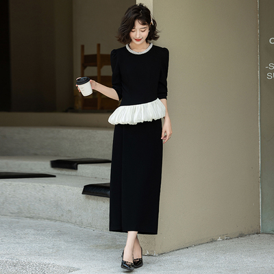 商务休闲连衣裙套装气质小香风晚礼订珠领口不规则衣摆开衩长裙