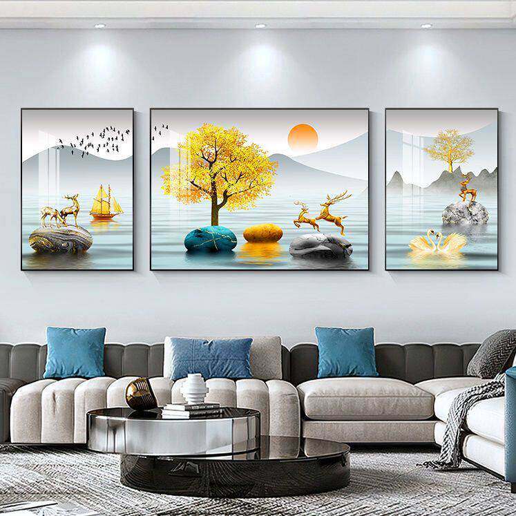 新中式三联画客厅装饰画高级感沙发背景墙挂画山水现代简约壁画
