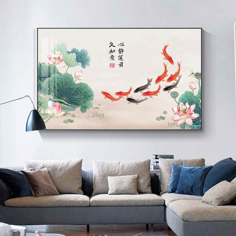 新中式晶瓷九鱼荷花客厅背景墙