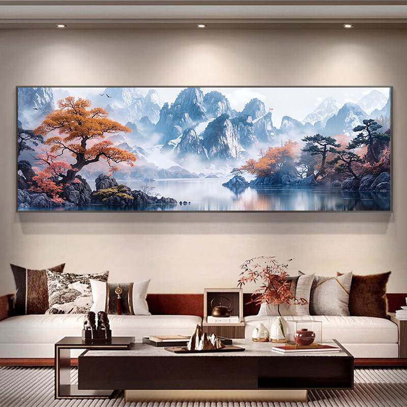 新中式流水生财办公室高级感装饰画茶室山水画客厅沙发背景墙挂画