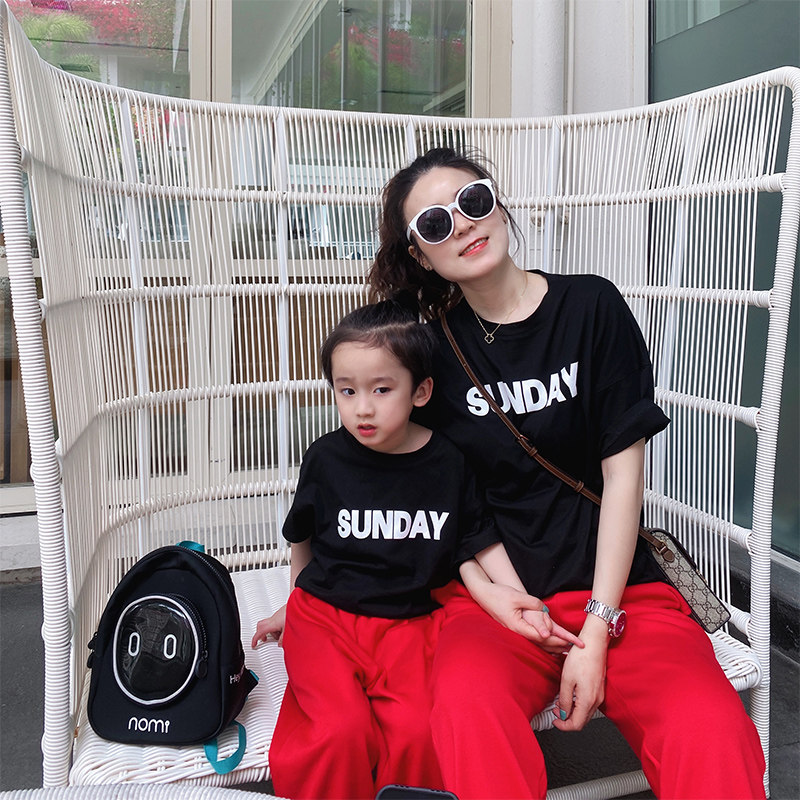 여름 신상품 친자복 3 4인 가족 인터넷 연예인 심플 반팔 모자복 순면 티셔츠 캐주얼하고 다재다능한 트렌드