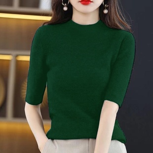 半高领五分袖 上衣中袖 毛衣春秋新款 女纯色修身 打底内搭 针织衫 大码