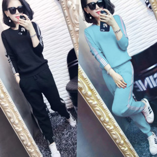 欧洲站新款毛衣针织运动套装长袖女装圆领休闲长裤两件套装时尚潮