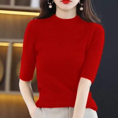大码中袖半高领针织衫春秋毛衣内搭五分袖修身打底衫百搭上衣女潮