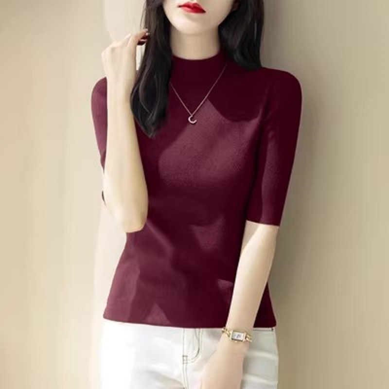 高端外贸洋气百搭半高领五分袖针织衫春秋女装一线品牌中袖打底衫