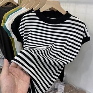 夏季薄款T恤女2025新款修身短袖冰丝针织打底衫黑白条纹小衫上衣