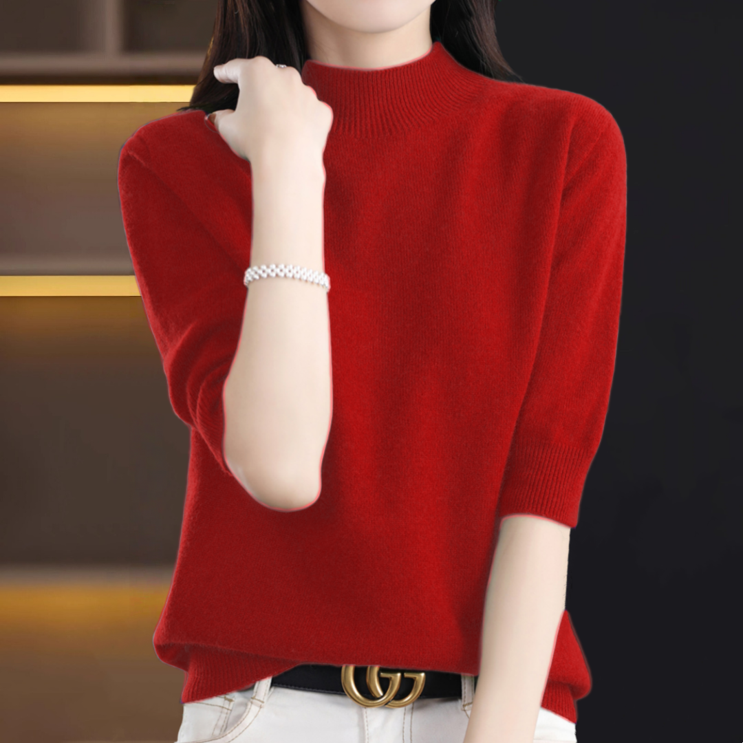 春秋季半高领打底衫女五分袖韩版宽松内搭针织衫半袖时尚百搭上衣