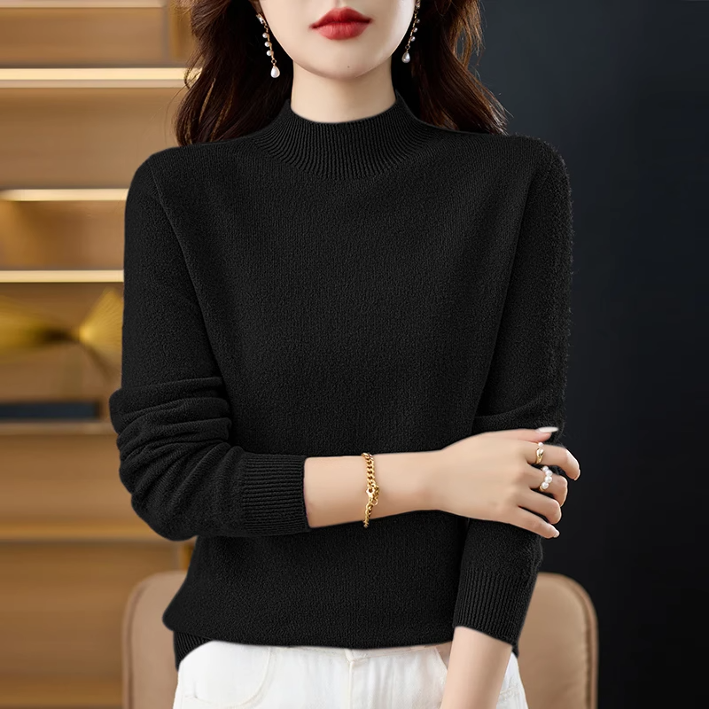 大码半高领毛衣女秋冬新款长袖针织衫内搭纯色打底毛线衫外穿上衣