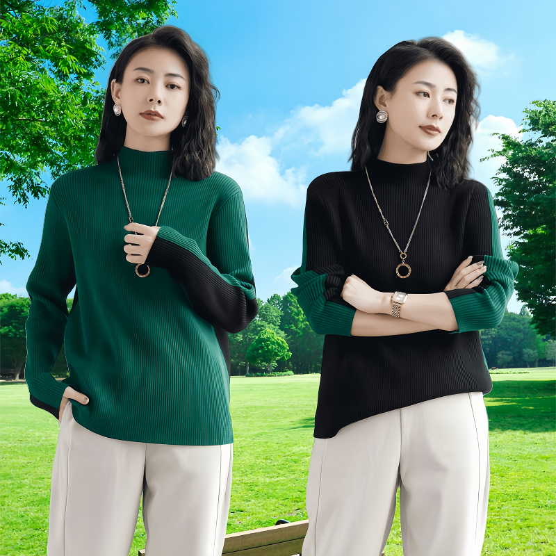 半高领打底衫内搭女大码秋冬季长袖毛衣针织衫拼色软糯内搭上衣潮