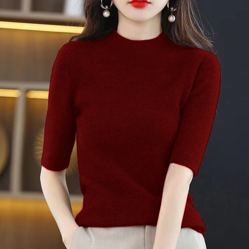 大码女春秋半高领中袖t恤早秋新款洋气内搭五分袖针织衫打底上衣