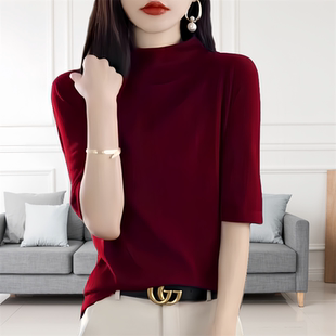 五分袖 纯色半高领针织衫 女装 上衣 新款 显瘦打底衫 t恤女春秋季 大码
