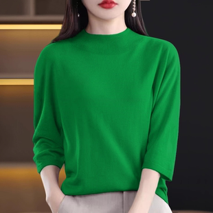大码胖mm高级感七分袖针织打底小衫女春秋中袖上衣半高领毛衣内搭