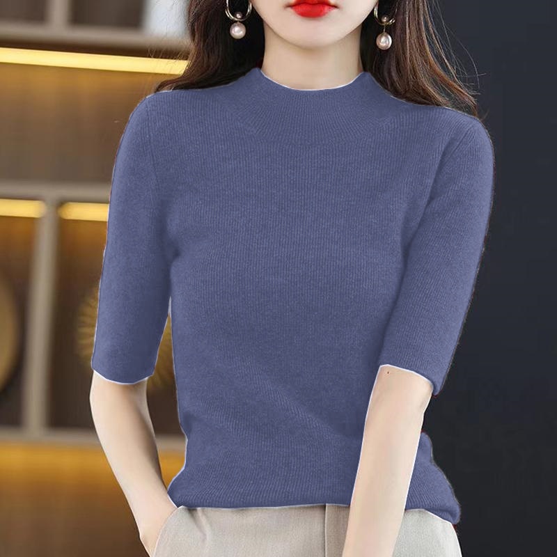 大码女半高领中袖针织衫春秋冬打底衫半袖内搭T恤百搭羊毛衫上衣