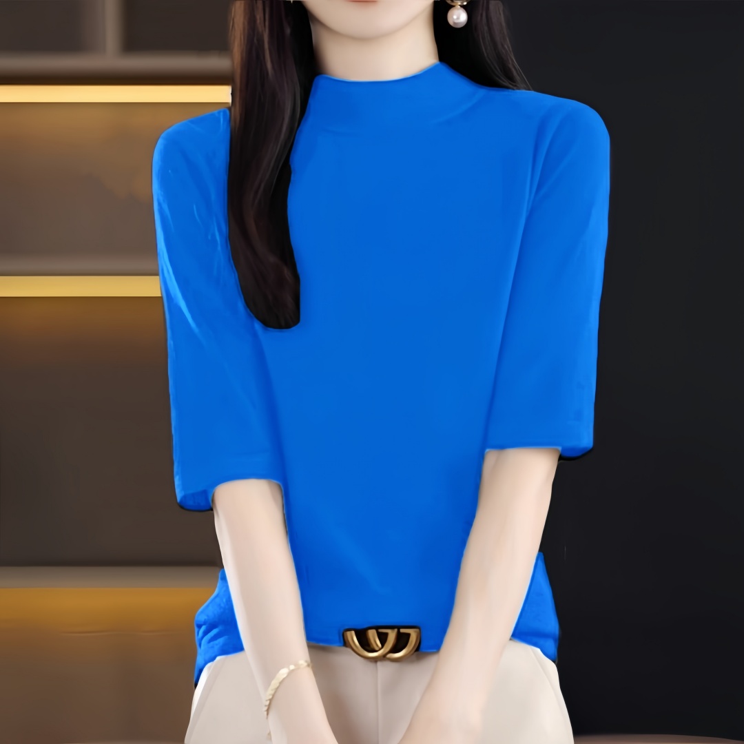 春秋季半高领纯色毛衣中袖打底衫女新款中领内搭五分袖针织衫上衣