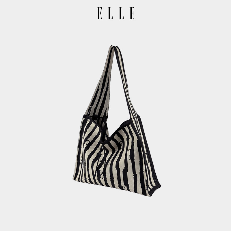 ELLE女包新款包包条纹通勤托特包女大容量百搭休闲超火好看单肩包